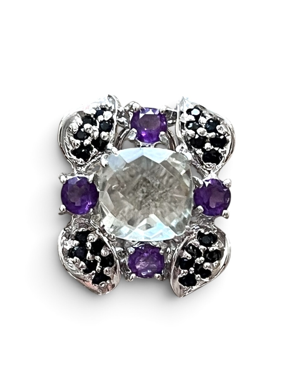 Sterling Silver Amethyst And Prasiite Floral Cluster Stud Earrings - Picture 2 of 4